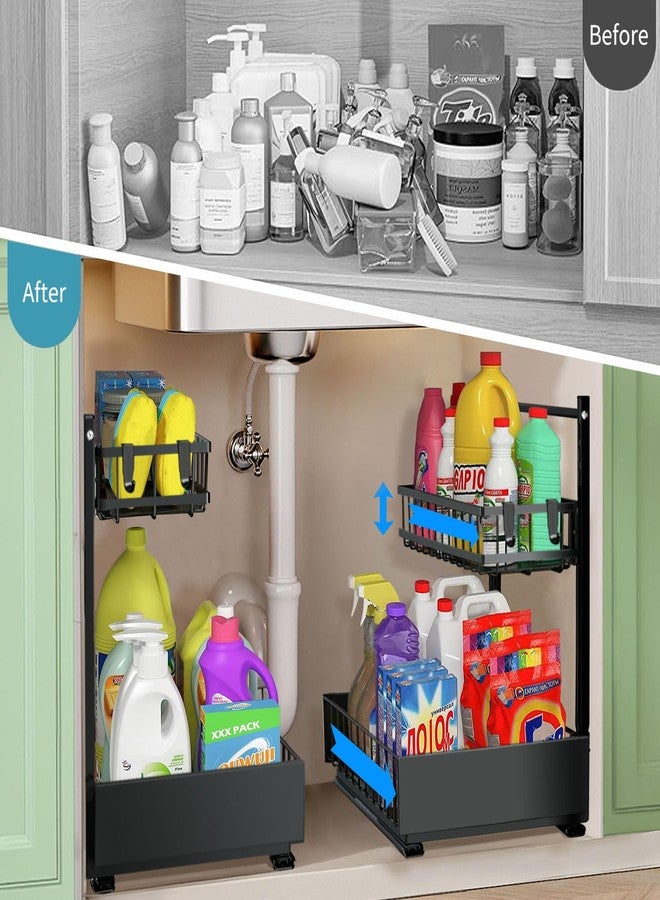 sagetta Black Under Sink Organizers with Sliding Rails Under Kitchen Sink Organizers and Storage Pull out Kitchen Cabinet Organizer Height Adjustable Cabinet Storage Shelves Two Tiers - Image 2